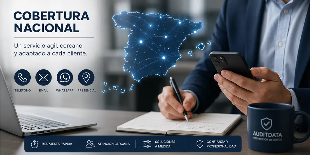 Un Asesor sentado en una mesa utilizando el teléfono para ofrecer cobertura nacional