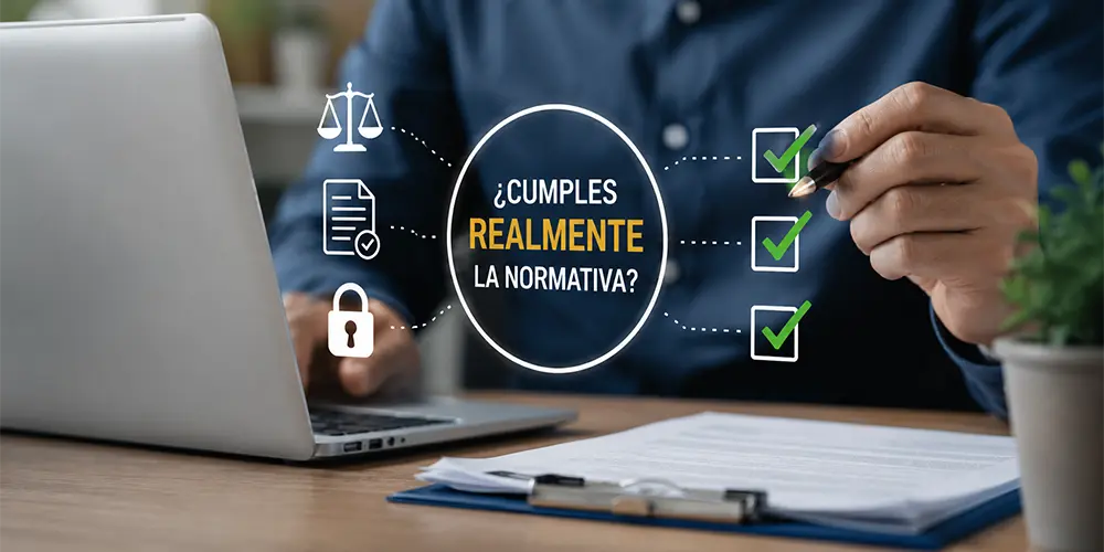 Un hombre sentado en una mesa señalando con un bolígrafo un texto que pregunta si cumples con la normativa