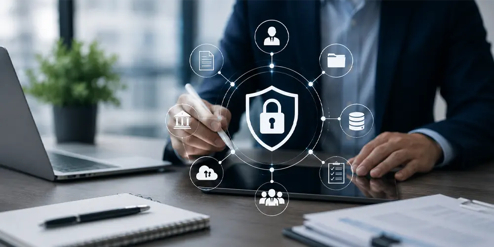 auditdata-servicios-proteccion-de-datos Un hombre sentado en una mesa señalando con un bolígrafo un texto que pregunta si cumples con la normativa